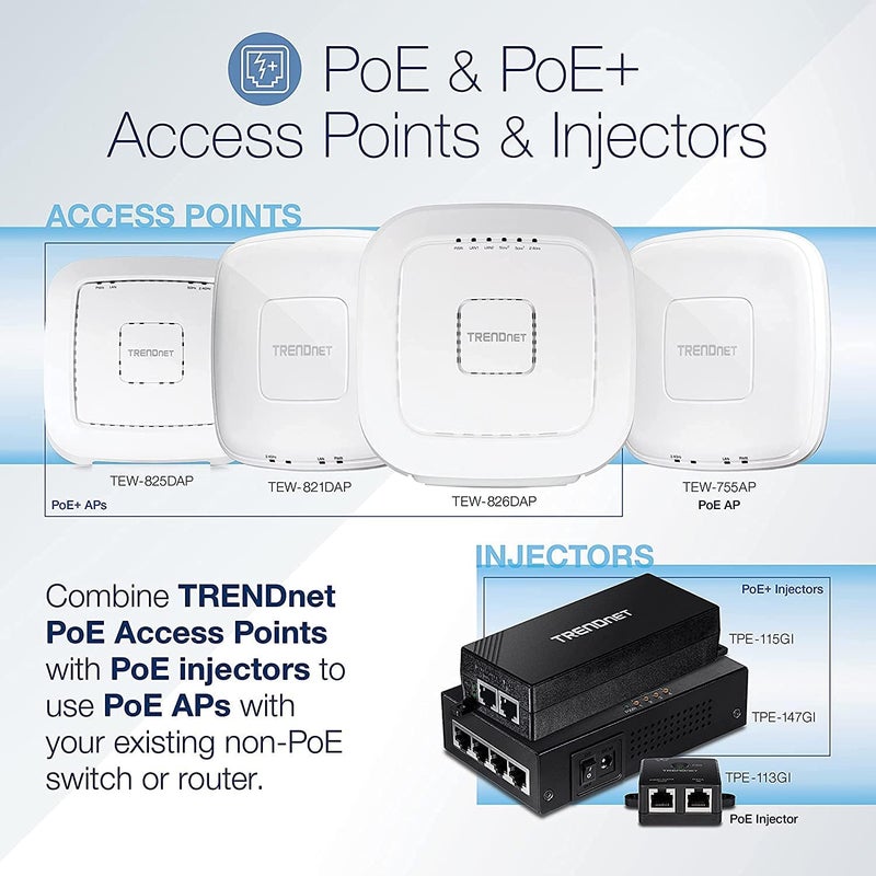 Trendnet Gigabit Power Over Ethernet Plus Injector, PoE+ (30W) Power Network Distances Up to 100M (328 ft.), Black, TPE-115GI (Pack of 1) - Image 2